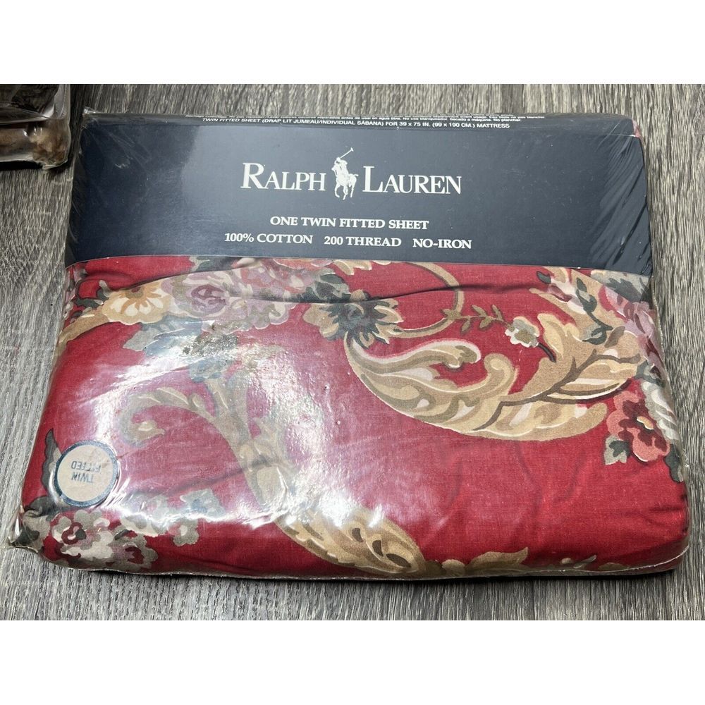 VTG Ralph Lauren TWIN Fitted Sheet DANIELLE MARSEILLES Floral Red USA NEW NOS B